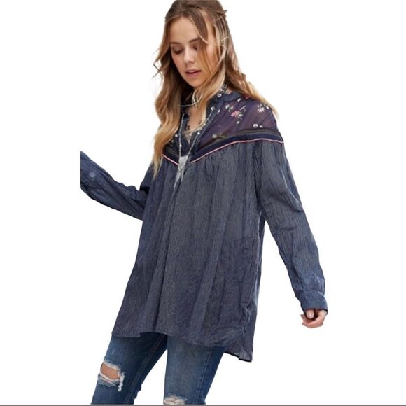 Free People Blue Hearts and Color Tunic Boho Blouse XS - Picture 2 of 11